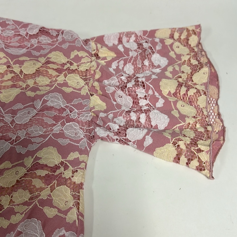 ZARA Blouse Pink Short Bell Sleeve Lace Crop Ribbed Round Neck Sheer Top… - Picture 15 of 15